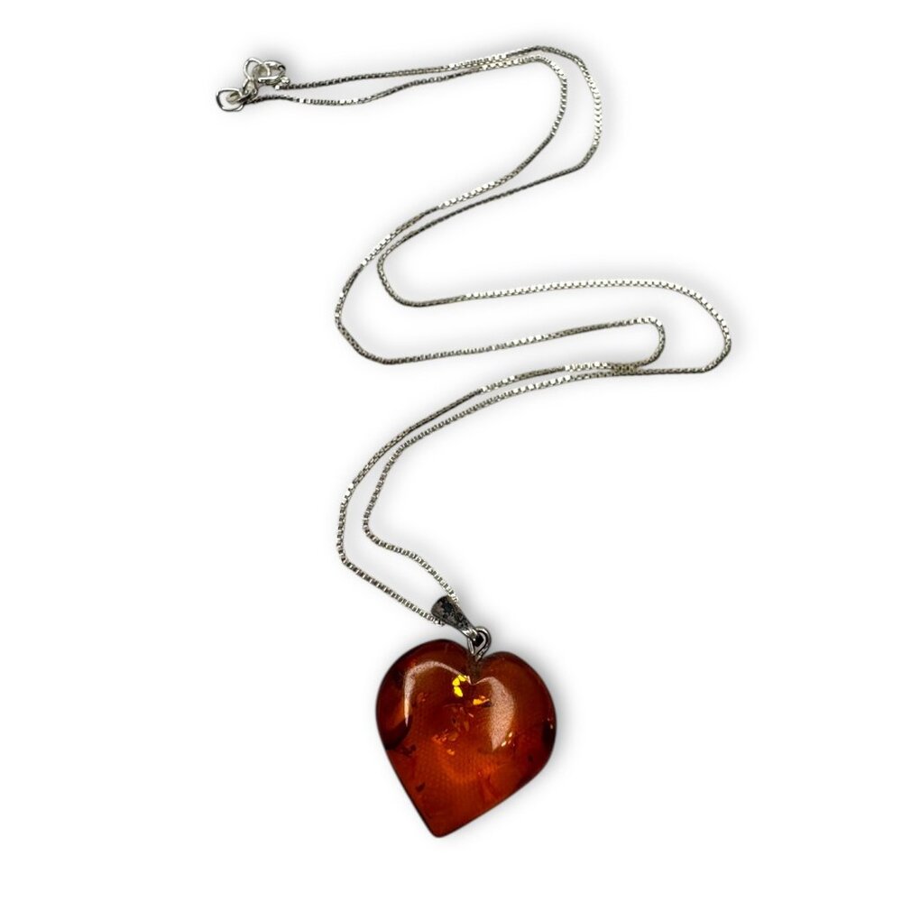 Vintage Amber Heart Pendant Necklace Sterling Silver Chain 19" Italy